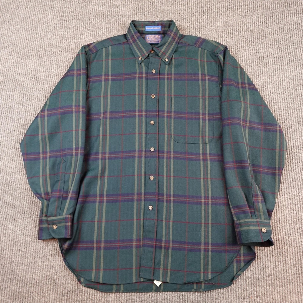 Vintage Pendleton Country Traditional Shirt Mens Medium Green Plaid Wool Twill
